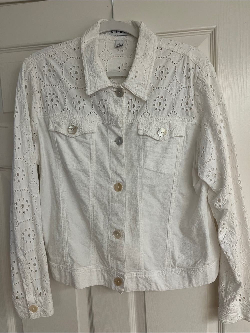 Women's White Eyelet Denim Jacket with Lace Detail NEW